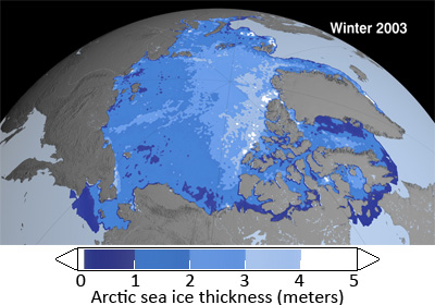 Data visualization of Arctic sea ice thickness, as measured by ICESat, shows the decline of the thickest ice (white, 4 to 5 meters thick) and increase in thinner ice (deep blue, 0 to 1 meter) from 2003 to 2008. Credit: NASA Goddard's Scientific Visualization Studio 