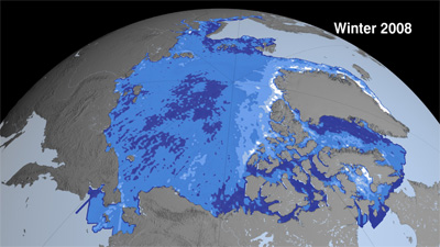 Data visualization of Arctic sea ice thickness, as measured by ICESat, shows the decline of the thickest ice (white, 4 to 5 meters thick) and increase in thinner ice (deep blue, 0 to 1 meter) from 2003 to 2008. Credit: NASA Goddard's Scientific Visualization Studio