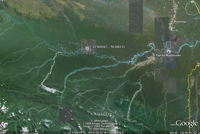 Madre de Dios, Peru. Deforestation from the Transcoeanic highway and gold mining activites on the Rio Huaypetue are clearly visible. Amarakaeri Communal Reserve is in this area. A shape file detailing the Block 76 should be available shortly.