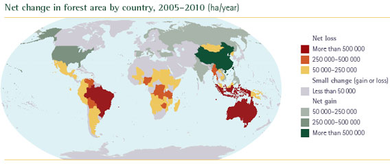 Cambio neto del área de bosque por país, 2005-2010 (hectáreas por año). Imagen cortesía de FAO