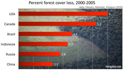 Percent forest cover loss by for major forest countries