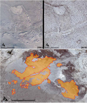 Umma, Iraq - – Massive Looting of Sumerian Cities 2003-2010. Side-by-side comparison between the years of 2003 and 2010. (DigitalGlobe and GHF)