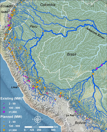 Map of dams in the Amazon