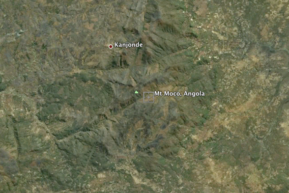 The forests of Mount Moco were once considered the largest montane forests left in Angola, until researchers discovered more forsts in the Namba Mountains. Photo courtesy of Google Earth.