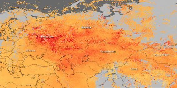 Rússia: Pontos de calor e emissão de CO2, pelos incêndios florestais, entre 1 e 8/8/2010, em foto da NASA