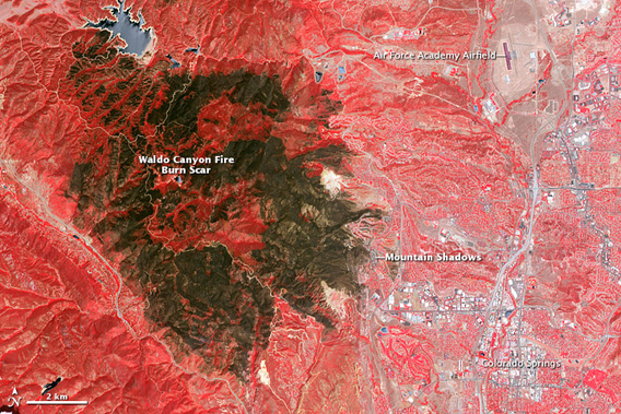 Fire scar from Waldo Canyon Fire in Colorado. Photo by: NASA.
