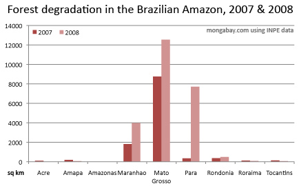 chart showing forest degradation in the Brazilian amazon for 2006 through 2008