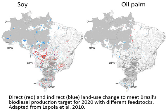 Map showing Direct (red) and indirect (blue) land-use change to meet Brazil’s biodiesel production target for 2020 with soy and palm oil biodiesel