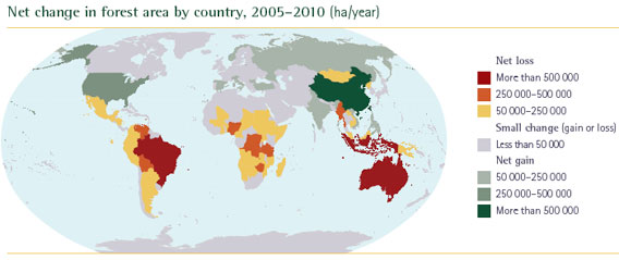 Net change in forest areas by country, 2005-2010 (hectares per year)