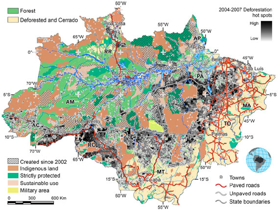 Brazilian Amazon protected areas and 2004–2007 deforestation hot spots. The Arc of Deforestation comprises eastern, southern, and southwestern Amazon. AC, Acre; AM, Amazonas; AP, Amapá; MA, Maranhão; MT, Mato Grosso; PA, Pará; RO, Rondônia; RR, Roraima; TO, Tocantins.