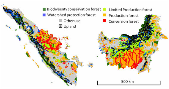 Land allocation zones (Ministry of Forestry Indonesia 2008) and upland areas for Sumatera and Kalimantan