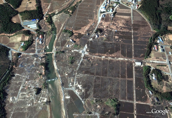 Fukushima 3 km south of power plant after the March 11, 2011 Sendai earthquake and tsunami