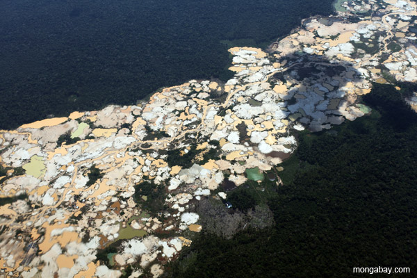 Deforestation caused by gold mining in Peru.