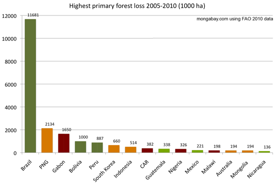 Pérdida más alta de bosque primario 2005-2010 (1000 ha)