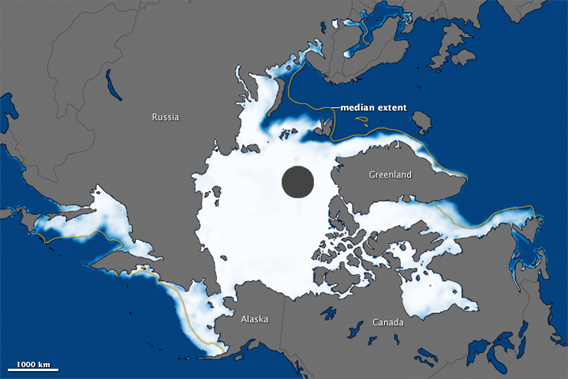 The map above was made from observations by the Special Sensor Microwave Imager/Sounder (SSMIS). Centered on the North Pole, the image shows sea ice concentration on March 18, with white indicating the greatest concentration and blue indicating open water. The median extent for maximum sea ice appears as a dull yellow line. The black circle is where the sensor recorded no data..