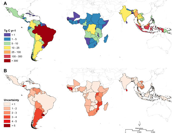 Countries with the highest emissions from deforestation between 2000 and 2005 according to the new study