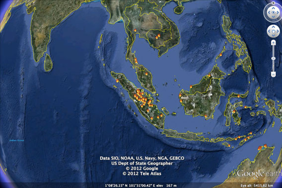 Fires in Sumatra detected by NASA's MODIS sensor