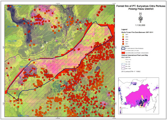 Map showing fires and forest clearing outside PT SCP's concession area in Central Kalimantan, Indonesian Borneo. Courtesy of EIA/Telapak