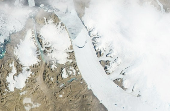 NASA image showing the calving on the Petermann Glacier in northwestern Greenland.