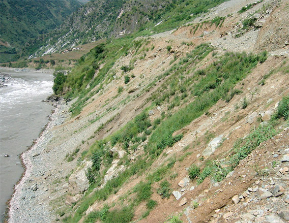 Landslides along the Salween River due to recent road construction near Daxingdi, Yunnan Province, China