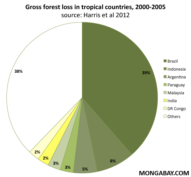 Percent gross forest loss in tropical countries, 2000-2005.