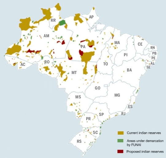 Map of indigenous lands in Brazil as of April 2008.