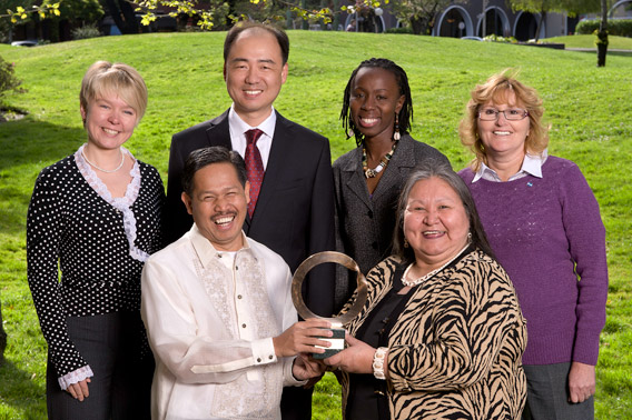 Right of left: Evgenia Chirikova, Edwin Gariguez, Ma Jun, Ikal Angelei, Caroline Cannon, and Sofia Gatica. Photo courtesy of Goldman Environmental Prize.