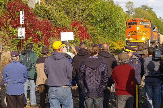 In British Colombia a group of concerned residents, along with scientists, blocked four trains of Wyoming coal bound for Asia. Thirteen were arrested. Photo courtesy of: 350.org.