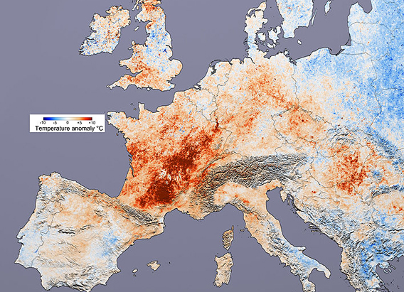 Hitting France especially hard, the Europe 2003 heatwave left tens of thousands of people dead. A new statistical analysis argues that climate change was the cause of this and other extreme summer heat events. Image by: NASA.