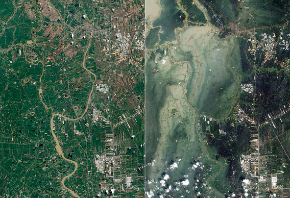 Before and after satellite images of flooding in Ayutthaya Province, Thailand.