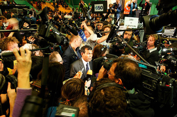 Former president of the Maldives, Mohamed Nasheed speaking to reporters at the Copenhagen Climate Summit in 2009. Photo by: Adam Welz.