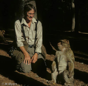 Noel Rowe with a Barbary macaque (Macaca sylvannus). Photo by: Marc Myers.