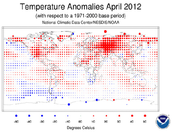 Temperature anomalies in April 2012 with a base period of 1971-2000.