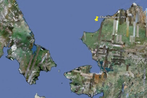  Approximate location of Chukchi lease 193 as seen on Google Earth. To the right is Alaska and on the left, Russia.