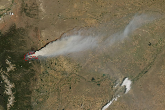 The High Park Fire in Colorado started on June 9th from a lightening strike and quickly expanded. This image is from June 10th, taken by Moderate Resolution Imaging Spectroradiometer (MODIS) on NASA’s Aqua satellite. Image courtesy of NASA.