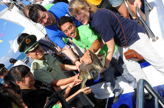 Government officials, Sea Turtles 911 Founding Director Frederick Yeh, and Ocean Park Director Suzanne Gendron, prepare to release rescued sea turtle back into the ocean. Photo by: Sea Turtles 911.