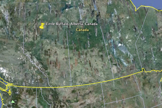  Google Earth view of location of Little Buffalo, Alberta near site of oil spill. Yellow line is the Canadian border with the US.