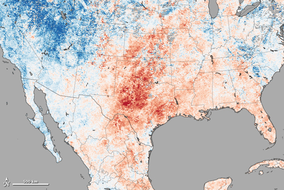  Image shows high temperatures as compared to average in the US. The redder means warmer than usual, while bluer means cooler. Image courtesy of NASA.
