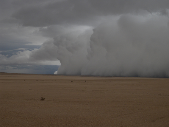  A shelf cloud passes over one of the driest regions on the African continent: the Namib desert. The shelf cloud is associated with a high-precipitation supercell thunderstorm. Photo courtesy of NASA.