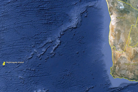  Nightingale Island's location in the Southern Atlantic fr off the southwest coast of Africa.