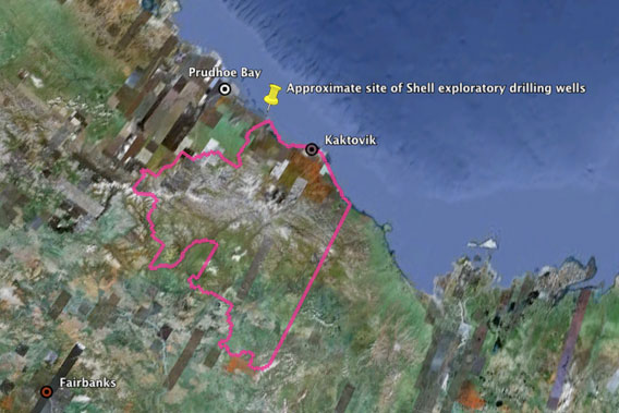  Approximate site of preliminarily approved drilling by Shell. Pink outline is the Arctic National Wildlife Refuge (ANWR). Image made with Google Earth.