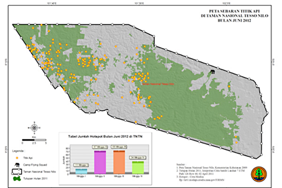 Fires in Tesso Nilo National Park denoted by orange dots. 