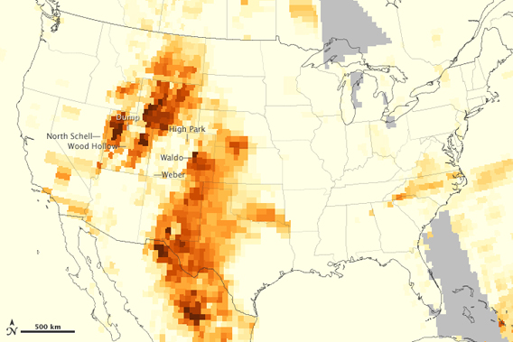 The map depicts the relative concentration of aerosols from wildlife smoke in the skies above the continental U.S. on June 26, 2012. Image by: NASA.