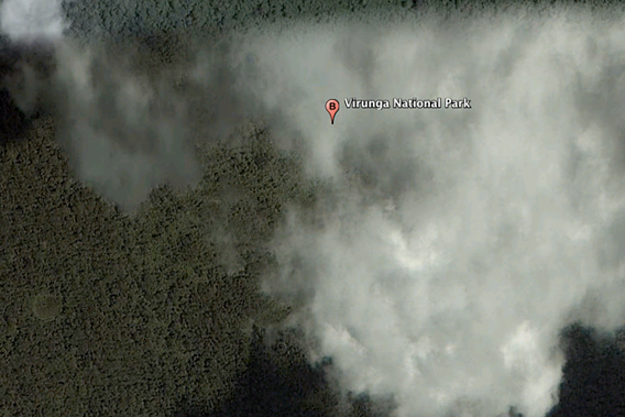 A portion of Virunga National Park swaddled in clouds as seen by Google Earth.